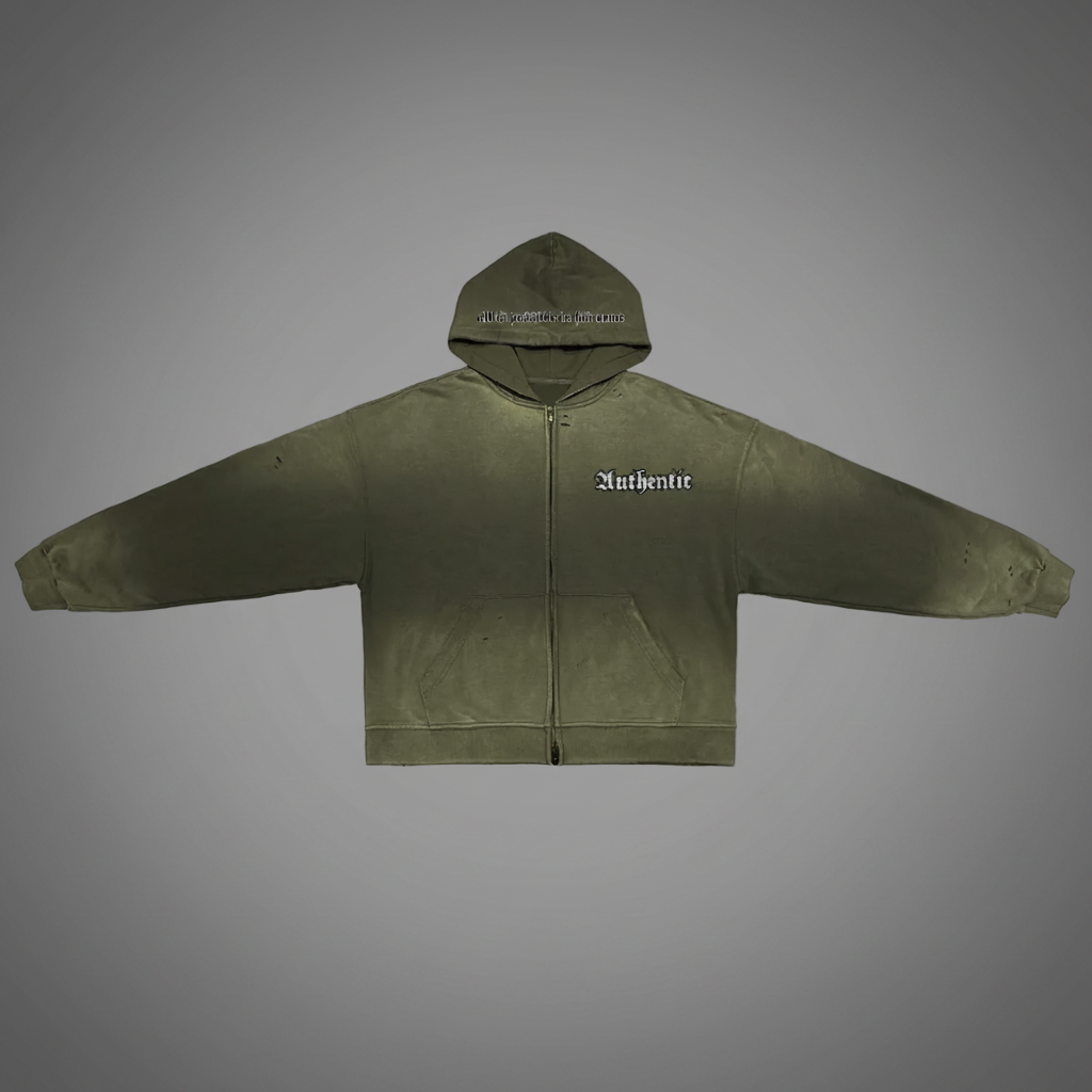 Authentic Unisex Heavyweight Washed Distressed Dystopian Dual-Zip Hoodie