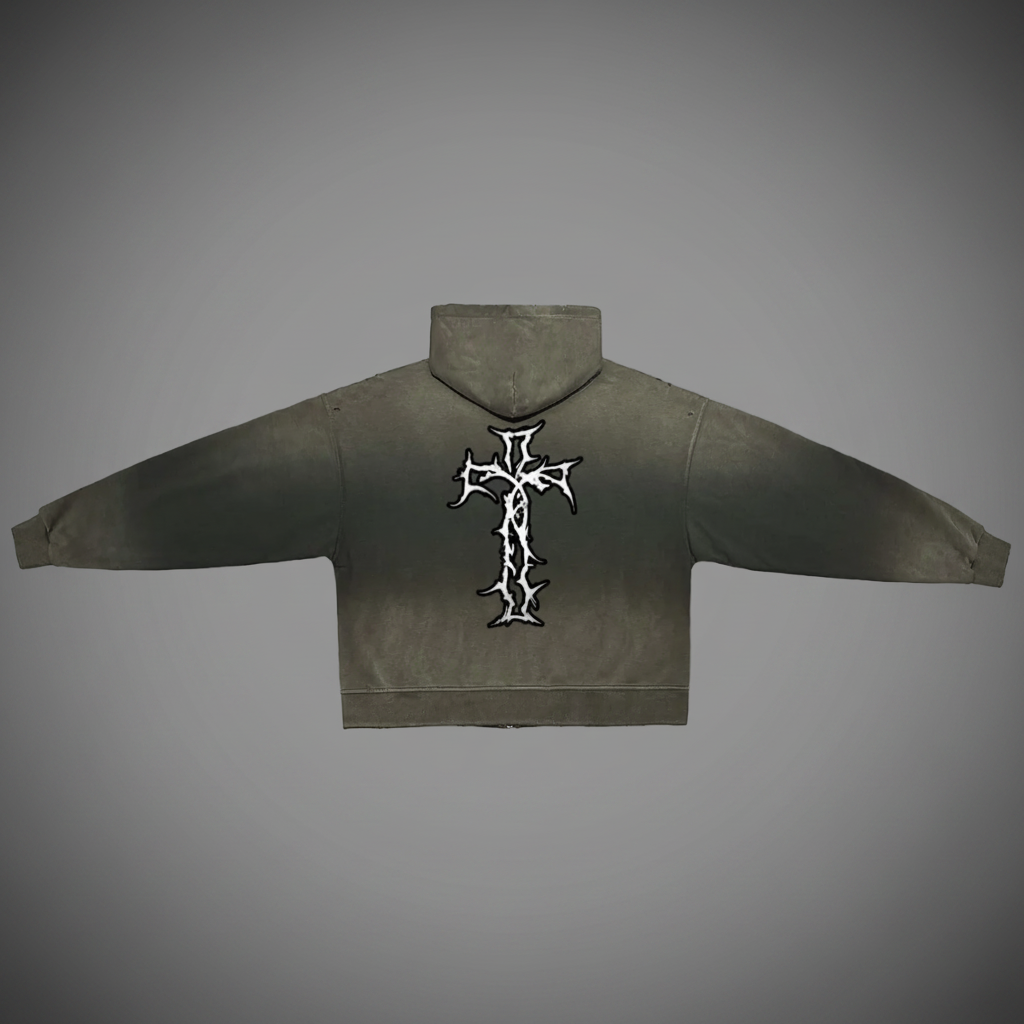 Authentic Unisex Heavyweight Washed Distressed Dystopian Dual-Zip Hoodie