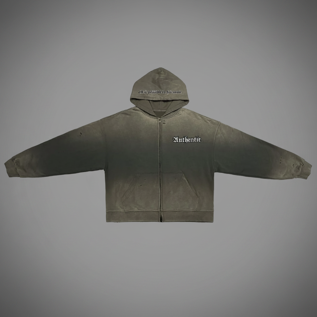 Authentic Unisex Heavyweight Washed Distressed Dystopian Dual-Zip Hoodie
