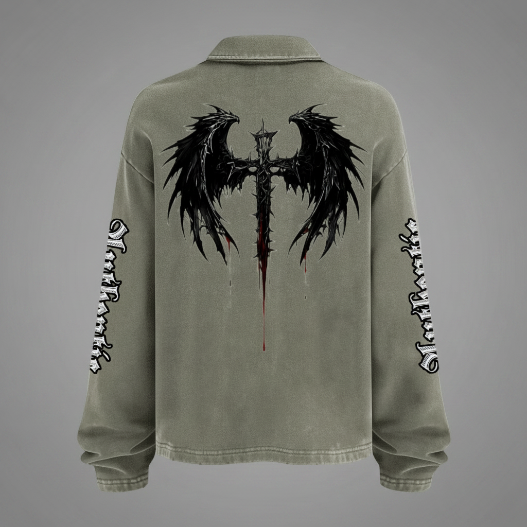 Unisex Heavyweight Washed Distressed French Terry Collared Oversized Long-Sleeve (380GSM)