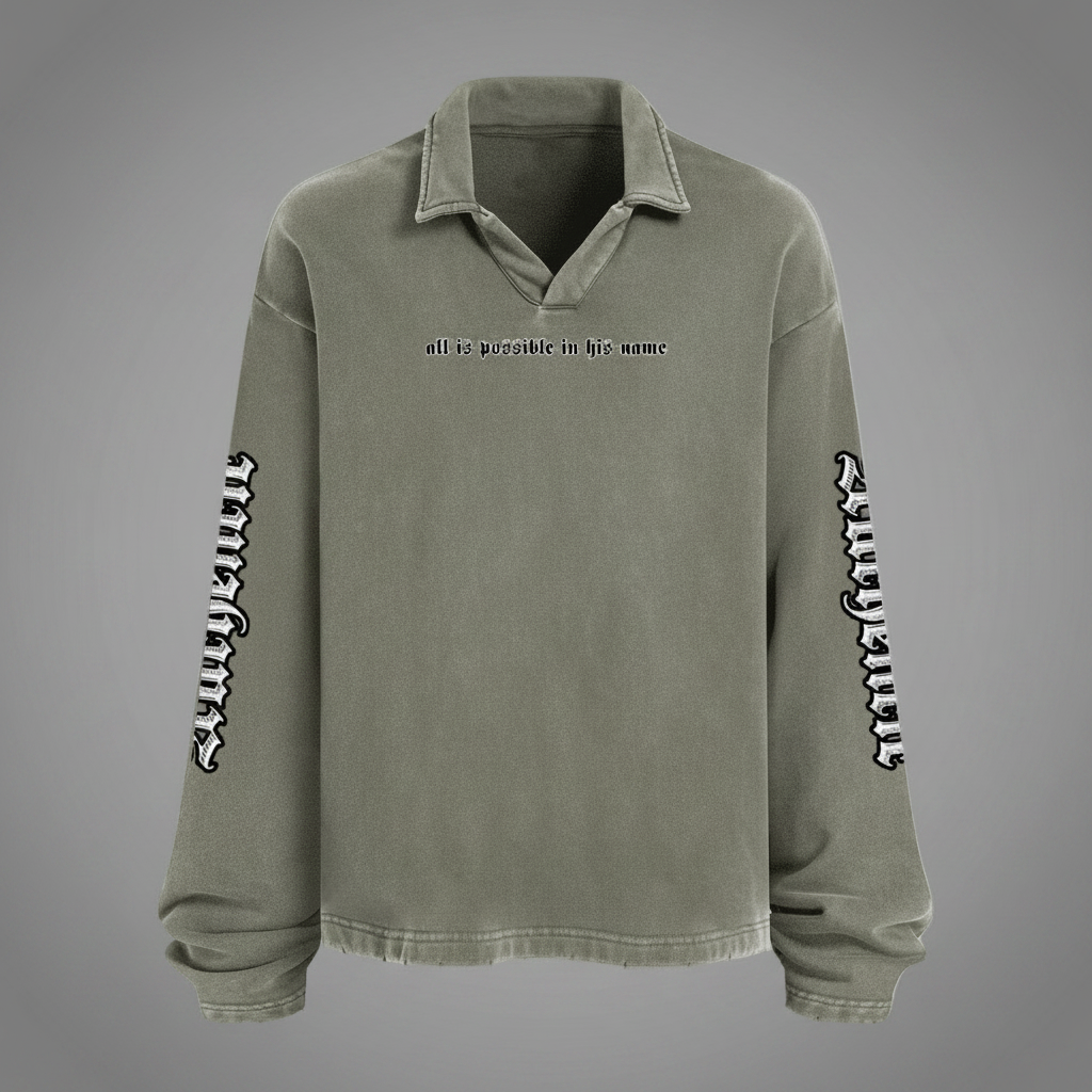 Unisex Heavyweight Washed Distressed French Terry Collared Oversized Long-Sleeve (380GSM)