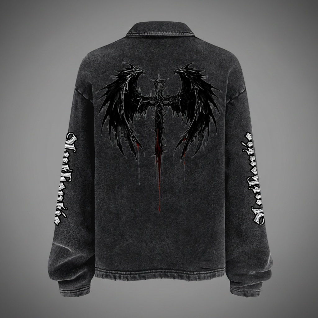 Unisex Heavyweight Washed Distressed French Terry Collared Oversized Long-Sleeve (380GSM)