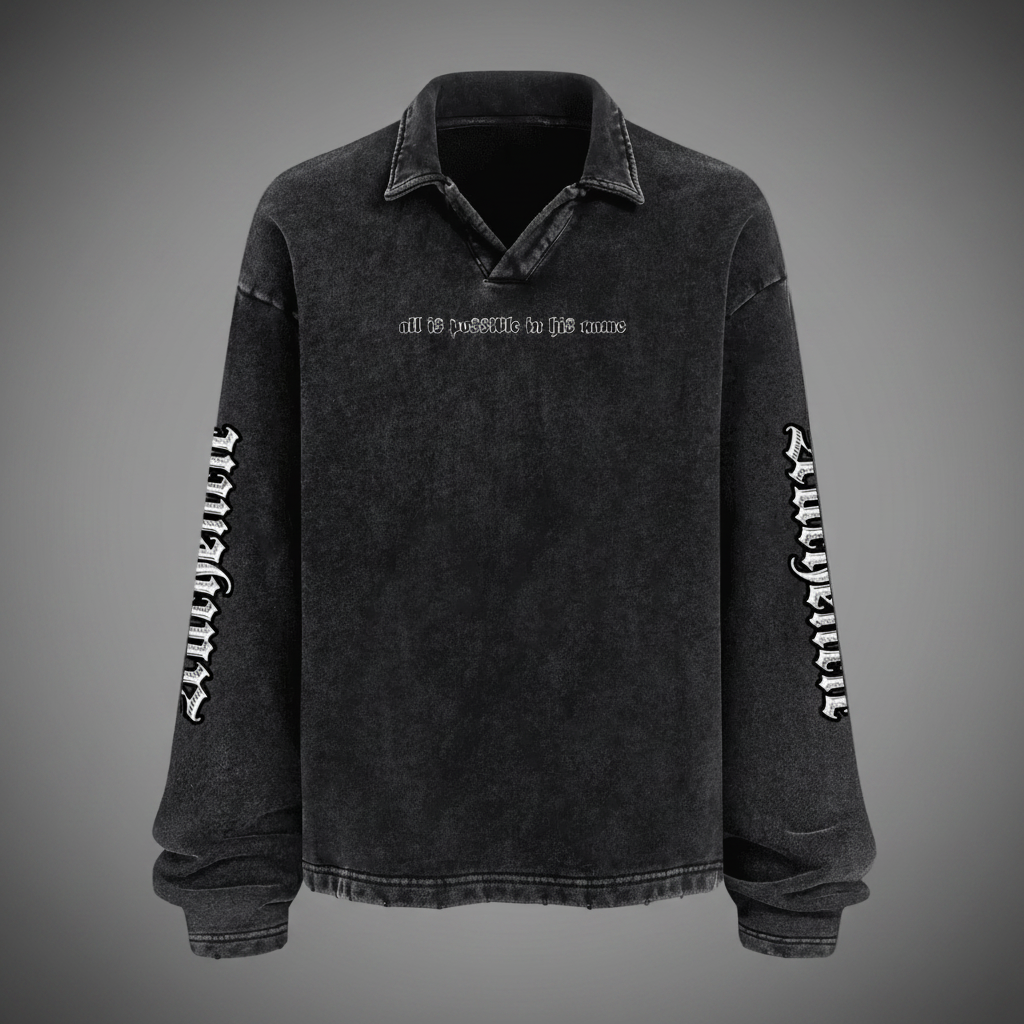 Unisex Heavyweight Washed Distressed French Terry Collared Oversized Long-Sleeve (380GSM)