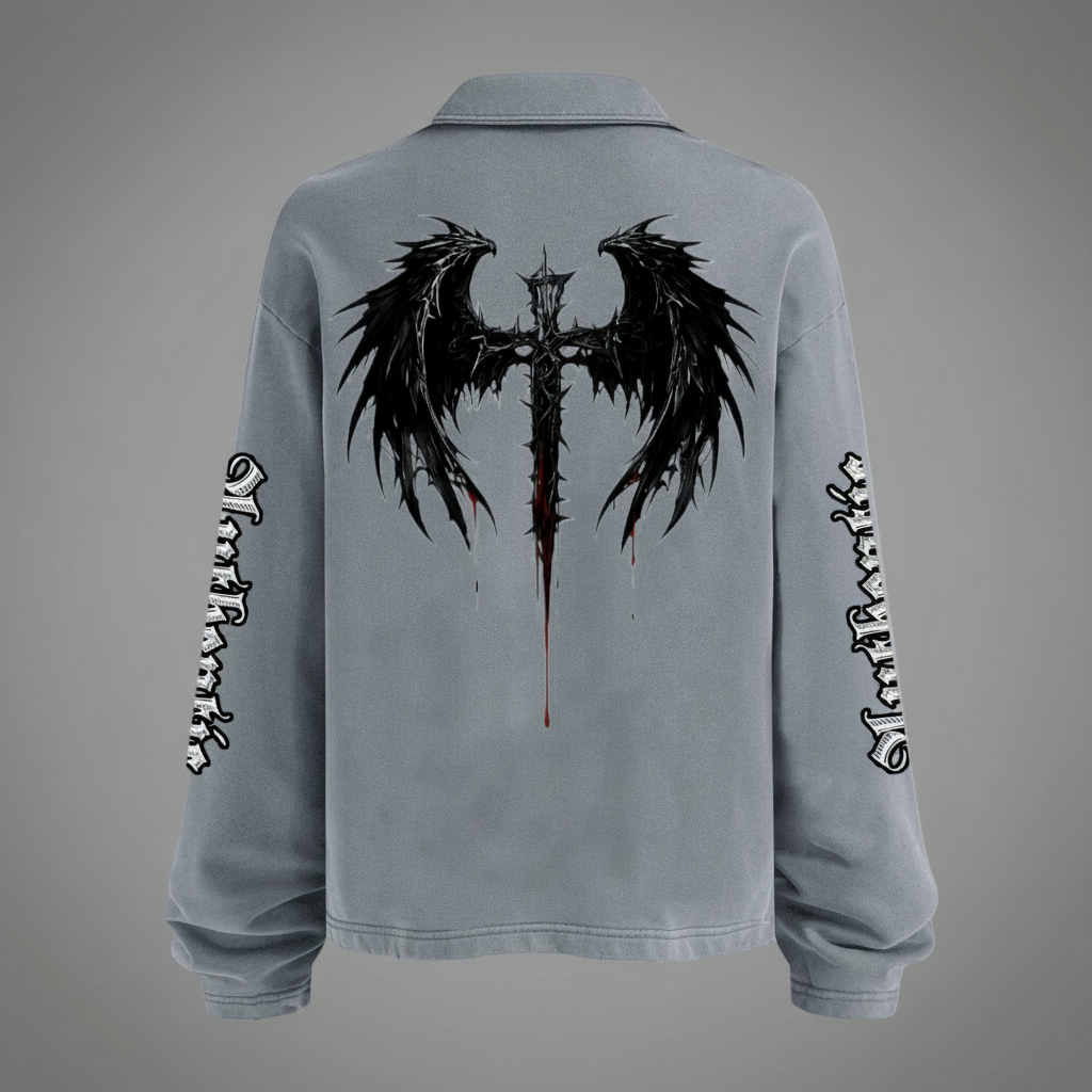 Unisex Heavyweight Washed Distressed French Terry Collared Oversized Long-Sleeve (380GSM)
