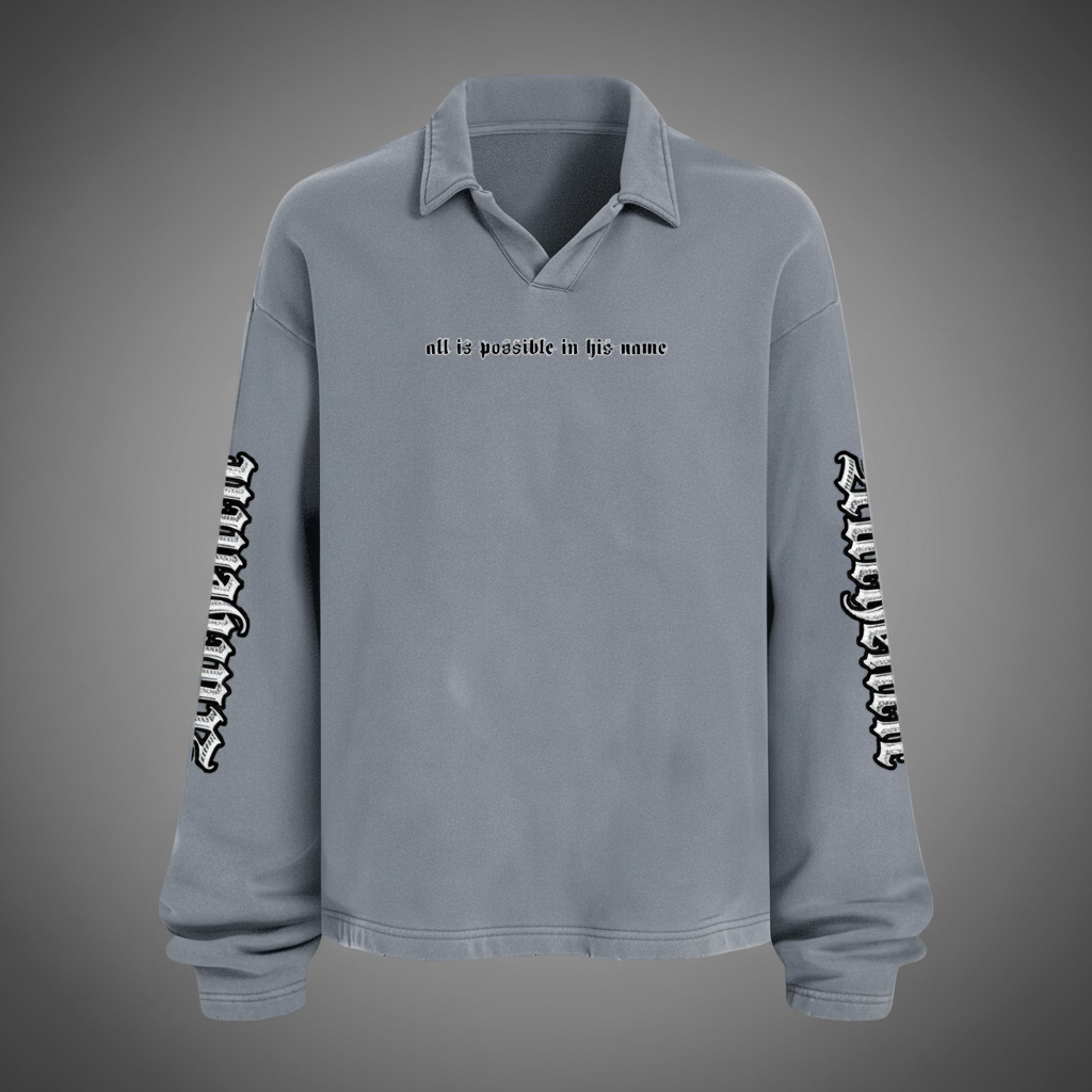 Unisex Heavyweight Washed Distressed French Terry Collared Oversized Long-Sleeve (380GSM)