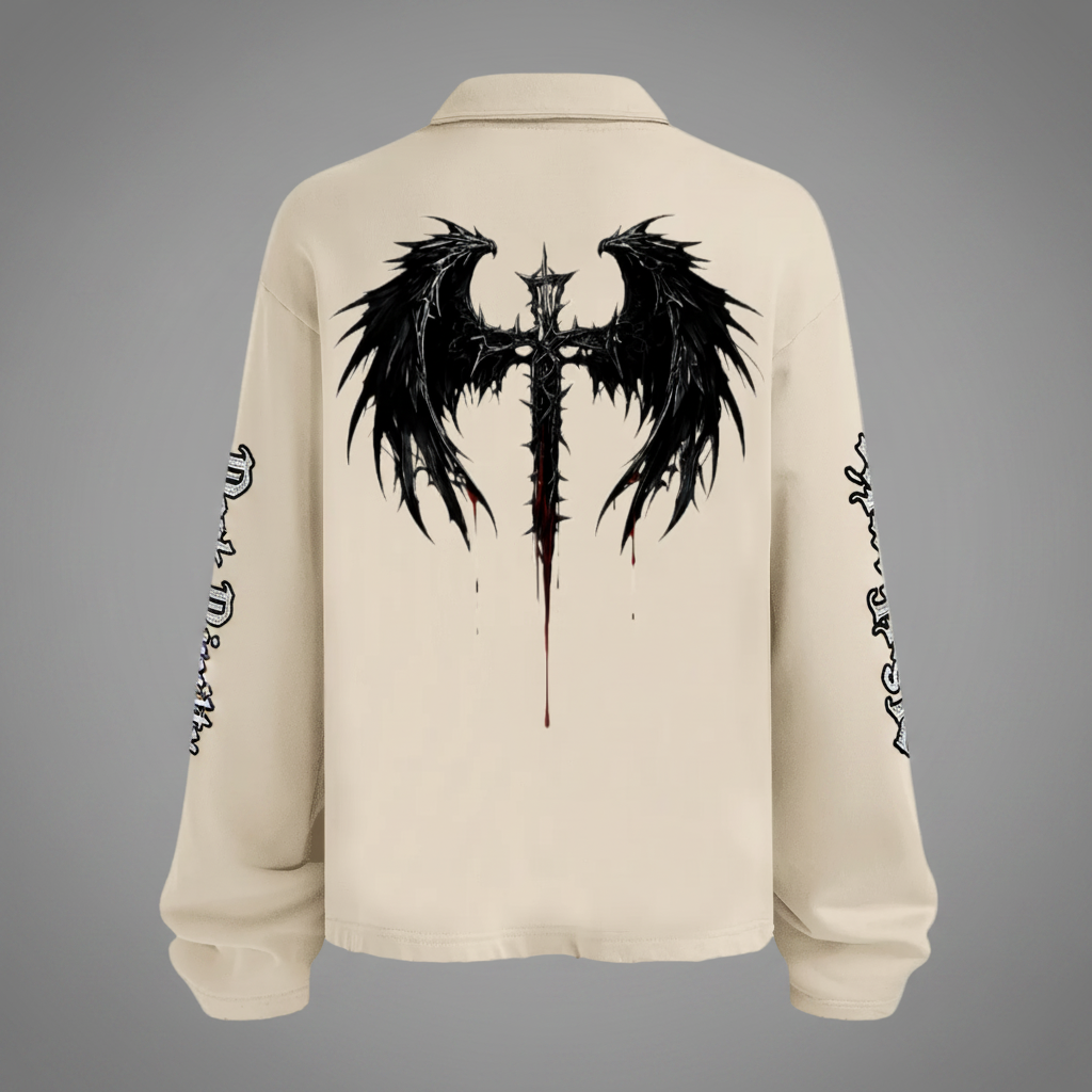 Unisex Heavyweight Washed Distressed French Terry Collared Oversized Long-Sleeve (380GSM)