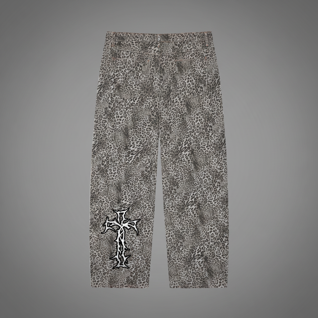 Unisex Vintage Wash Leopard Wide Leg Jeans