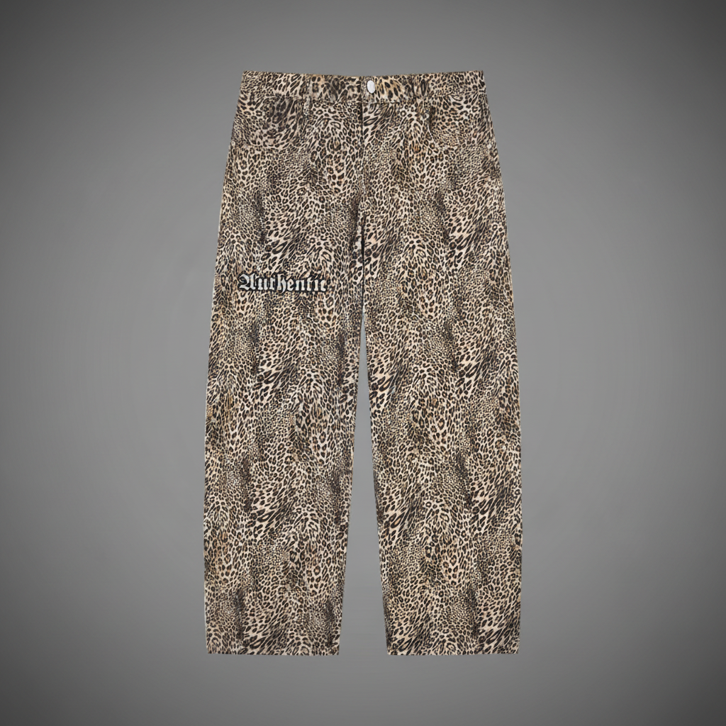 Unisex Vintage Wash Leopard Wide Leg Jeans