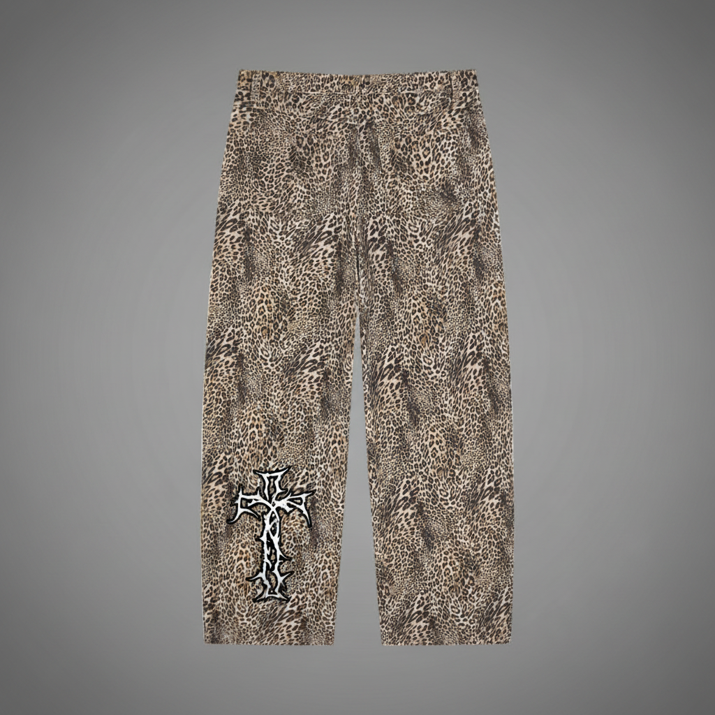 Unisex Vintage Wash Leopard Wide Leg Jeans