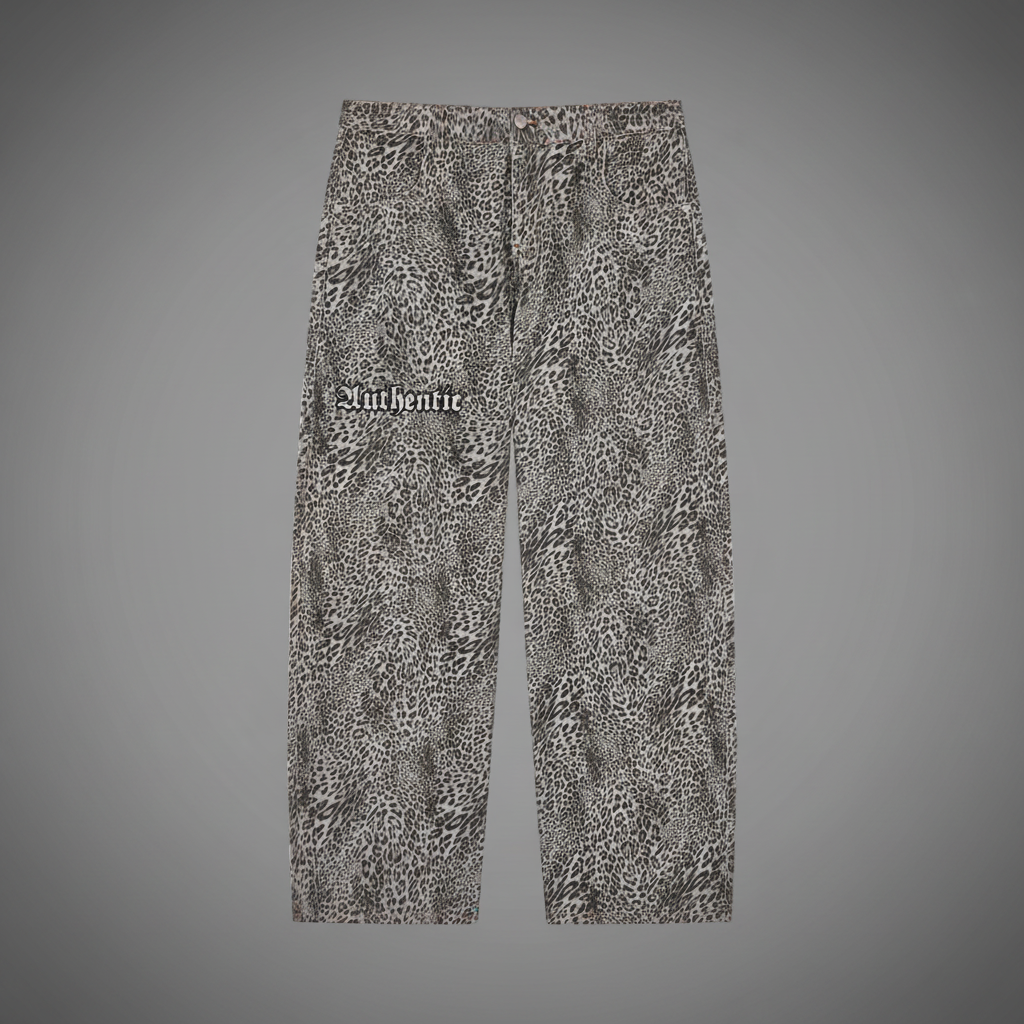 Unisex Vintage Wash Leopard Wide Leg Jeans